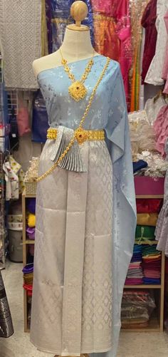 "This is Asian traditional dress is made from synthetic silk for top and skirt (adjust size by hook), length 36 inches. This dress set including with one sabai and one sarong . It is very unique and easy to wear. This item we have 2 type size. 1. Standard size Waist 23-30\" Hip max. 37 \" 2 Plus size Waist \" up to 42\" Hip up to 46\" Item not include blouse, jewelry, or accessory Note: - Each item may have very slight variances and imperfections due to the handmade process - The actual color ma Southeast Asia Clothing, Traditional Khmer Dress, Wed Me Good, Myanmar Traditional Dress Lahava, Thai Skirt, Thailand Traditional Clothes, Malaysia Traditional Clothes, Traditional Clothes, Thailand Costume