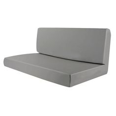 a gray chair cushion is shown on a white background, with the seat facing forward