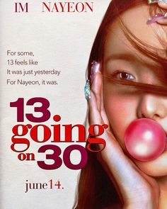 a poster for the movie 13 going on 30 with a woman blowing bubbles around her face