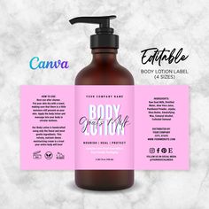 a bottle of body lotion next to a pink label on a marble background with the words body lotion