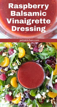 raspberry balsamic vinaigrete dressing in a glass bowl on top of a salad