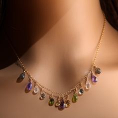 "Amethyst, Aquamarine, Moonstone, Labradorite, Peridot, Citrine Briolette Necklace, Wire Wrapped Dangling, 14K Gold Filled Gemstone Necklace Available in 14\", 15\", 16\",17\" 18\",20\",22\",24\", 26\", 28\", 30\"" Luxury Dainty Briolette Jewelry, Luxury Yellow Gold Briolette Necklace, Luxury Yellow Briolette Necklace, Vintage Indian Jewelry, Briolette Necklace, Multi Gemstone Necklace, Handmade Wire Jewelry, Jewelry Lookbook, Gemstone Bracelets