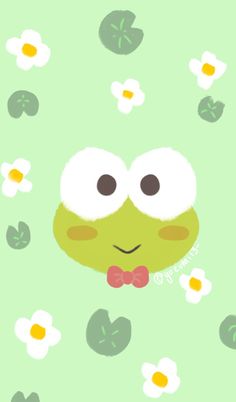 a green frog with big eyes and a bow tie on it's neck is surrounded by daisies