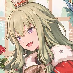 an anime character with long blonde hair wearing a tiara and holding a rose in her hand