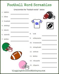 printable football word scramble worksheet for kids