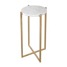 a white marble and gold metal side table with a round top on an isolated stand