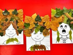 three paper bags with leaves on them and two drawings of people in the middle one is wearing a wreath