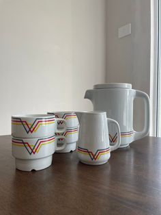 Vintage IKEA 1.84 1970s coffee set for 4.  Includes one coffee pot and lid, 4 cups and matching milk jug all in excellent used condition.  This post modern set with striking red yellow and grey geometric line pattern on the rim is a very streamlined Scandinavian design reminiscent of the 1970's and still looks fantastic today. There are no chips, cracks or crazing, and appears in very good, lightly used condition.  The coffee pot at 12cm dia. x 17.5cm high comfortably holds enough coffee for 4 a Ikea Vintage, Geometric Line Pattern, Vintage Ikea, Milk Cream, Vintage Cafe, Line Pattern, Post Modern, Geometric Lines, Coffee Set