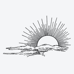 a drawing of the sun rising over mountains