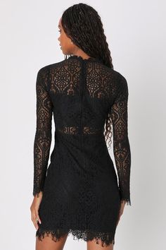 Satisfy your craving for something sexy with the Lulus Appetite for Seduction Black Lace Long Sleeve Dress! Sheer eyelash lace overlay shapes a mock neckline and long sleeves, while knit lining creates a sexy two-piece look. Darted bodice extends into a curve-loving, bodycon mini skirt. Hidden back zipper. Fit: This garment fits true to size. Length: Mid-thigh. Size medium measures 37.25" from shoulder to hem. Bust: Works best for A to C cup sizes - consider sizing up for fuller bust. Waist: Fit Black Lace Long Sleeve Dress, Lace Long Sleeve Dress, Sleeve Lace Dress, Cup Sizes, Lace Long Sleeve, Lace Dress Black, Long Sleeve Lace Dress, Black Lace Dress, Mock Neckline