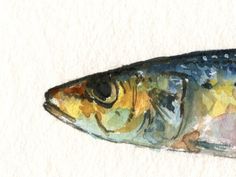 a watercolor painting of a fish on white paper with blue and yellow colors in the background