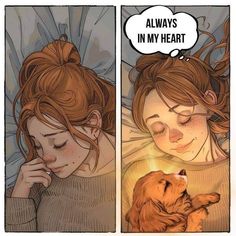 a comic strip with a girl and her dog sleeping on the bed, one is talking to another