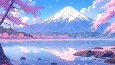 an image of a mountain with pink flowers in the foreground and water on the other side