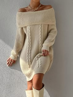 Apricot Elegant Collar Long Sleeve Fabric Plain  Embellished Medium Stretch  Women Knitwear Thick Sweater Dress, Knitwear Dress Outfit, Crochet Winter Dress, Temu Outfits, Off Shoulder Knit Dress, Knitted Dresses For Women, Crochet Long Dress, Cable Knit Jumper Dress, Off The Shoulder Sweater Dress