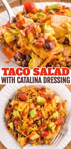 taco salad with catalina dressing on a white plate and the title above it reads, taco salad with catalina dressing