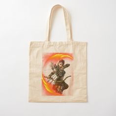 a tote bag with an image of a woman holding a bow and arrow on it