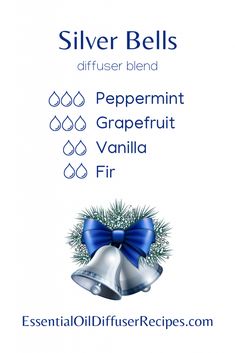 Celebrate the season with the beautiful Silver Bells essential oil diffuser recipe. This blend combines bright mint and citrus notes with sweet, creamy and woodsy aromas. The Silver Bells essential oil diffuser blend contains peppermint, grapefruit, vanilla, and fir essential oils. Christmas Essential Oil Diffuser Blends, Essential Oil Combinations, Yl Essential Oils, Essential Oil Blends Recipes, Diffuser Blend, Diffuser Recipes, Essential Oil Diffuser Blends