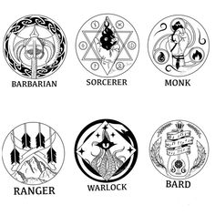 six different types of badges with the names and symbols in each one's circle