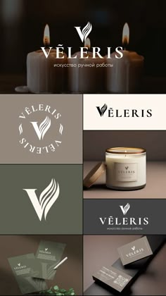 the logo for veleris is shown above several different types of candles and logos