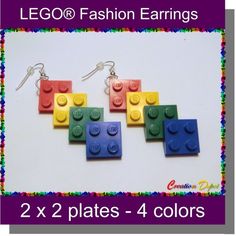 Brickcrafts Lego® Fashion Dangle Earrings - 2X2 Plates - 4 Colors Lego Bridal Shower, Lego Fashion, Lego Earrings, Lego Jewelry, Crazy Earrings, Diy Earrings Easy, Lego Diy, Lego Toy, Lego Craft