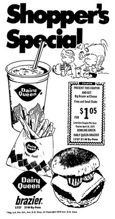 an advertisement for the dairy queen's shopper's special sandwich and drink