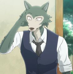 a wolf wearing a vest and tie standing in front of a window with his hands on his head