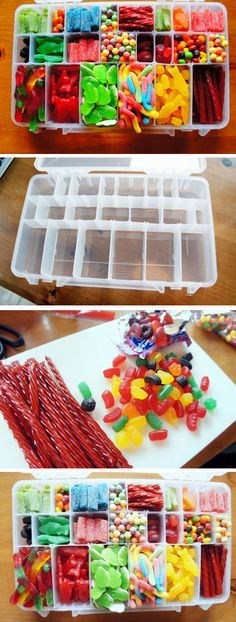 four different pictures of plastic trays filled with gummy bears and other candies