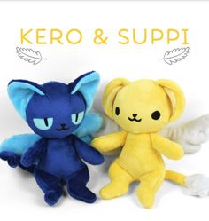 two stuffed animals sitting next to each other on top of a white background with the words kero and suppi