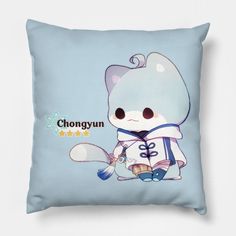 a blue pillow with an image of a cat holding a tennis racquet on it