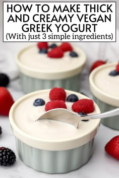 yogurt with berries and raspberries on top is shown in the foreground text reads how to make thick and creamy vegan greek yogurt with just 3 simple ingredients