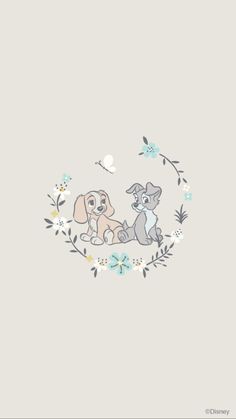 two dogs sitting on top of each other in the middle of a floral frame with leaves and flowers around them