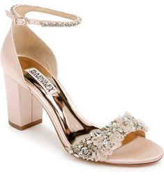 Free shipping and returns on Badgley Mischka Finesse Ankle Strap Sandal (Women) at Nordstrom.com. Crystal and flower embellishments add dreamy romance to an ankle-strap sandal set on a classic block heel. Wedding Heels With Buckle Closure And Block Heel, Wedding Block Heels With Buckle Closure, Elegant Embellished Block Heels For Summer, Country Shoes Boots, Dreamy Romance, Flower Embellishments, Wedding Shoes Bride, Wedding Shoes Heels, Strap Sandals Women