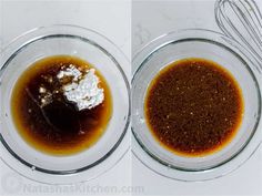 two bowls filled with brown liquid and whisk on top of each other next to a whisk in a glass bowl