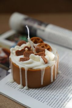 a cake with white frosting and pretzels on top sitting on an open book