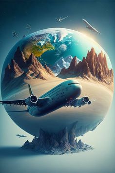 an airplane flying over a mountain range in front of a globe with mountains and planes