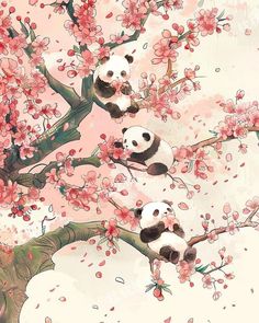 two pandas are sitting on the branches of a tree with pink flowers and cherry blossoms