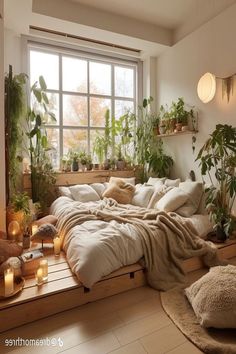 a bedroom with lots of plants in the window sill and lights on the floor