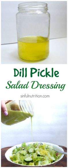 two pictures showing how to make dill pickle salad dressing