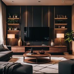 #SmallSpaceLiving #ModernDesign Wooden Modern Living Room, Bachelor Flat Decor Ideas, Tv Wall With Door Design, Mens Appartement, Modern Tv Built In, Dark Living Room Inspiration, Black And Brown House Interior Design, Modern Masculine Interior Design, Man Living Room Ideas Masculine Interior