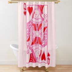 a pink shower curtain with an ace playing card design on the front and back side