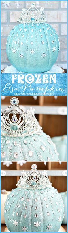 a blue pumpkin with pearls on it and the words frozen written in white above it