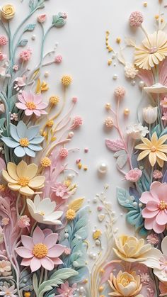 an intricately decorated wall with flowers and leaves in pastel colors, on a white background