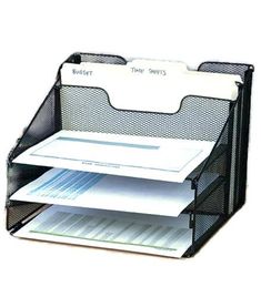 three file folders are stacked on top of each other in a black metal holder