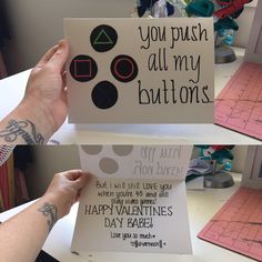 someone is holding up two cards that say, you push all my buttons and happy valentine's day paper