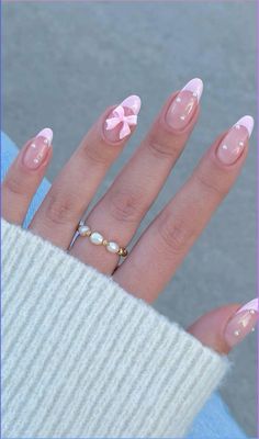 Pink Ribbon Nails, Bow Nail Designs, Pink White Nails, Cute Pink Nails, Cute Simple Nails, Girly Acrylic Nails, Summery Nails, Pink Acrylic Nails, Minimalist Nails