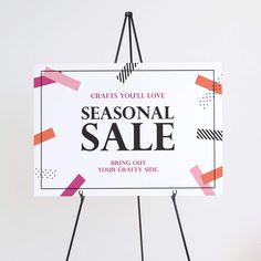 a white sign with the words crafts you love seasonal sale bring out your crafty side