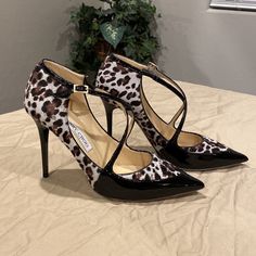 Beautiful Patent Leather And Hide Leopard Print Heels. Barely Worn - Excellent Condition! Heel Is Approximately 4” I Have The Original Dust Bag & Box. Leopard Print Heels, Jimmy Choo Shoes, Jimmy Choo, Shoes Women Heels, Patent Leather, Black And Brown, Leopard Print, Dust Bag, Shoes Heels