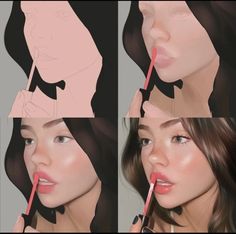 four different images of a woman brushing her teeth with a pink and black toothbrush