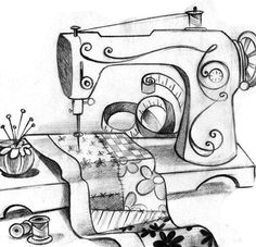 a drawing of a sewing machine on a table