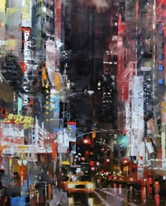 an abstract painting of cityscape with cars and people on the street at night